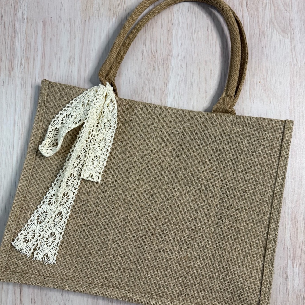 Neutral Jute Tote Bag with Lace Accent